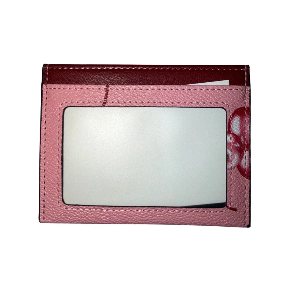 Pink Cherry Print Card Case Wallet with ID Window Burgundy Trim Slim Minimalist